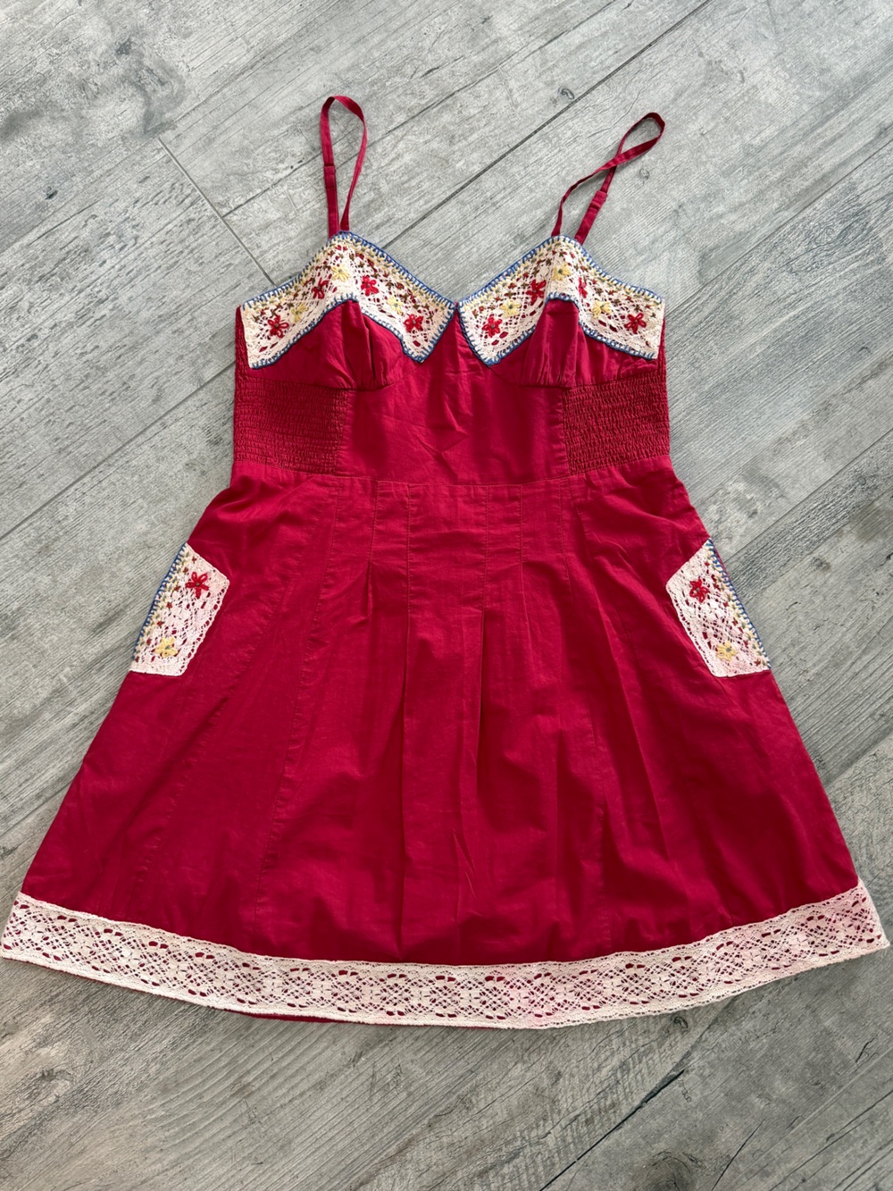 Lulumari Western Chic Boho Americana 100% Cotton Mini Dress w/Embroidered Lace